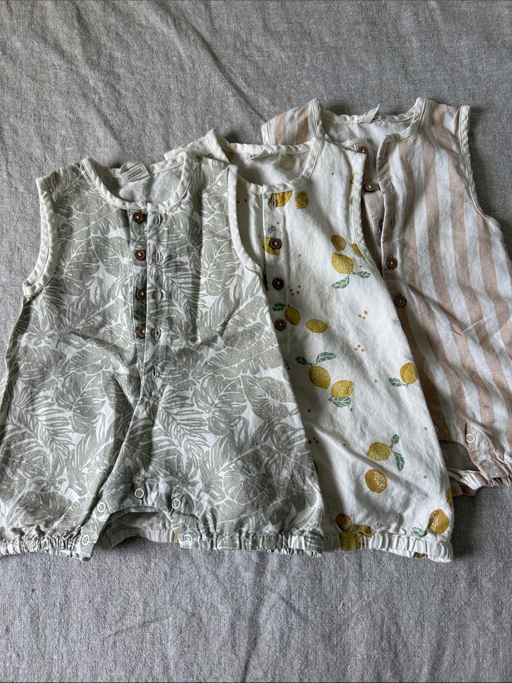 Linen Baby Sleeveless Cotton Romper in Sage, Lemon Print, and Beige Stripe